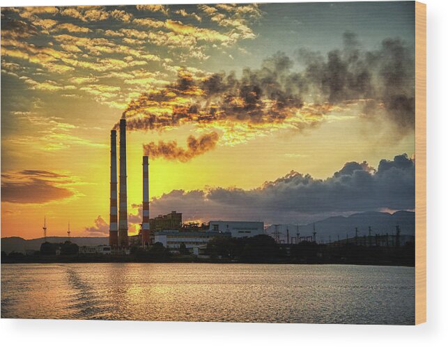 Clouds Wood Print featuring the photograph Power plant pollution by Micah Offman