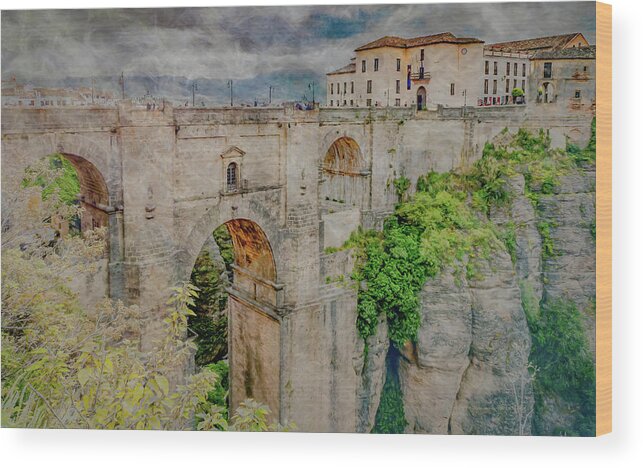 Puente Nuevo Wood Print featuring the photograph Puente Nuevo, Painterly Version by Marcy Wielfaert