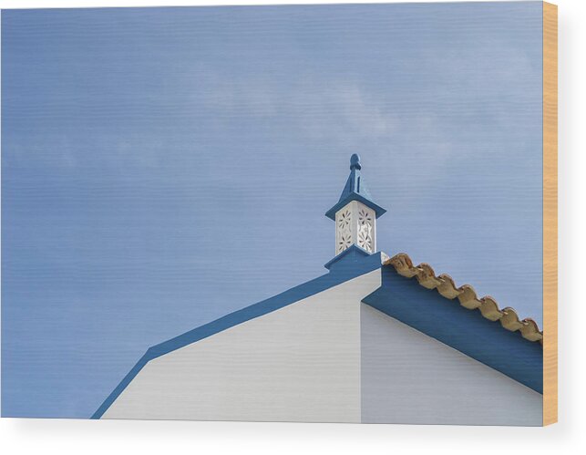 Quintessential Algarvian Wood Print featuring the photograph Quintessential Algarvian - Cool Fretted Crown Chimney and Cobalt Blue Roofline Accents by Georgia Mizuleva