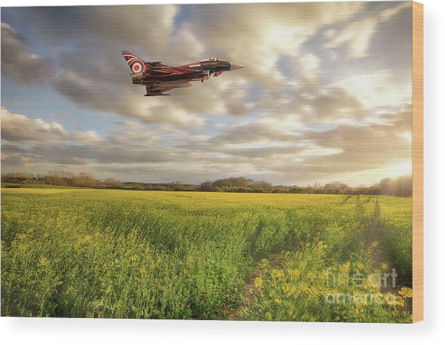 Raf Wood Print featuring the photograph RAF Typhoon Eurofighter jet flying over rapeseed crops by Simon Bratt