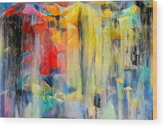 Rain Wood Print featuring the mixed media Raining In The City Abstract Mixed Media by Sandi OReilly