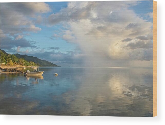 Ocean Weather Wood Print featuring the photograph Rain Storm Over the Lagoon Tahiti by Heidi Fickinger