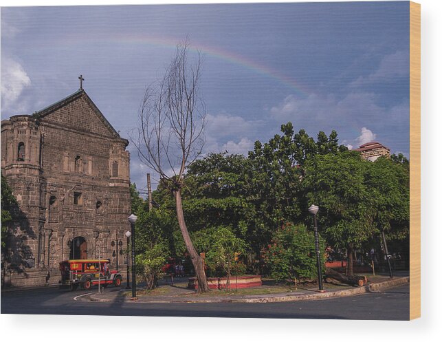 Rainbow Wood Print featuring the photograph Rainbow over Malate Church by Arj Munoz