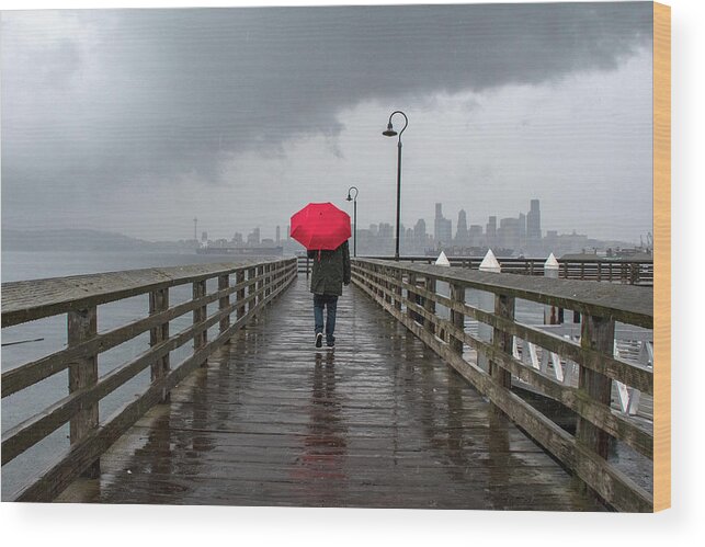 Seattle Wood Print featuring the photograph Rainy Seattle And A Red Umbrella by Matt McDonald