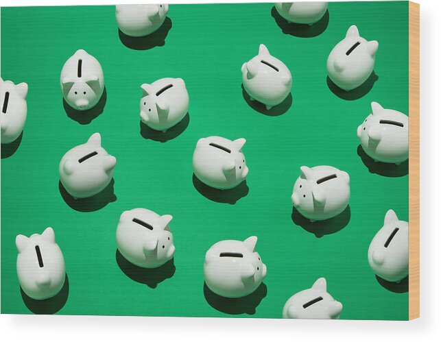 Confusion Wood Print featuring the photograph Random little white piggy banks by PM Images