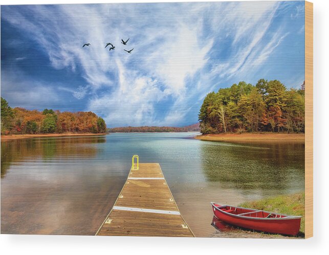 Pier Wood Print featuring the photograph Red Canoe at the Lake Dock by Debra and Dave Vanderlaan