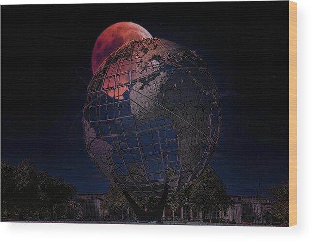 Unisphere Wood Print featuring the photograph Red Moon Glow over Unisphere Queens NY Night Moods by Chuck Kuhn