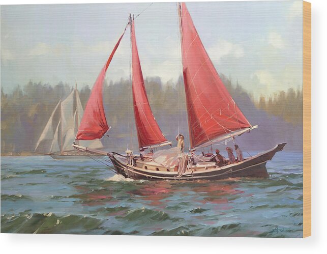 Sailboat Wood Print featuring the painting Red Sail Day by Steve Henderson