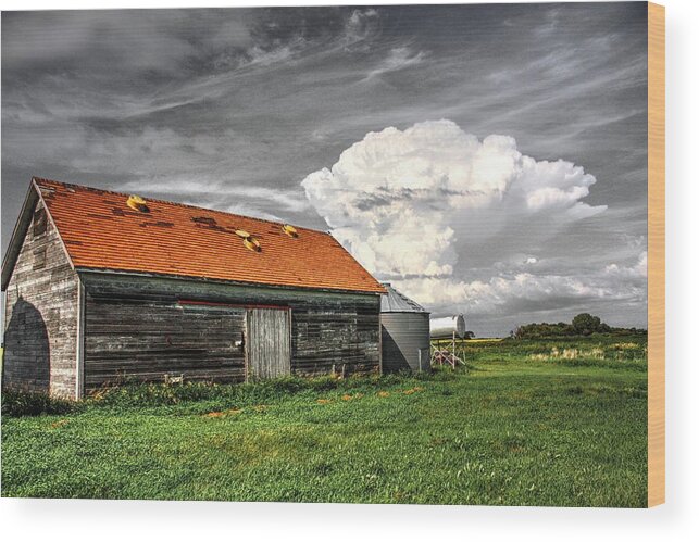 Abandoned Home Prairie Home Old House Wreck Cottage Clouds Elevator Prairie Wood Print featuring the photograph Red top by David Matthews