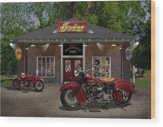 Indian Motorcycles Wood Print featuring the photograph Reds Motorcycle Shop C by Mike McGlothlen