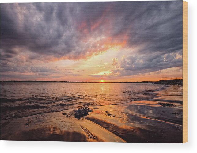 Beach Wood Print featuring the photograph Reflect The Drama, Sunset At Fort Foster Park by Jeff Sinon