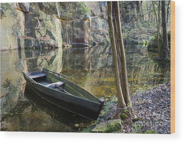 Boat Wood Print featuring the photograph Reflection in the quarry 1 by Adriana Mueller