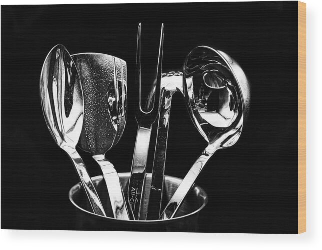 Black And White Wood Print featuring the photograph Reflections in Cooking Tools by Stuart Litoff