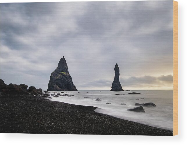 Reynisfjara Wood Print featuring the photograph Reynisfjara black sand beach and Reynisdrangar in Iceland by Alexios Ntounas