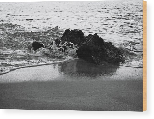Be Like Water Wood Print featuring the photograph Rock and Waves in Albandeira Beach. Monochrome by Angelo DeVal