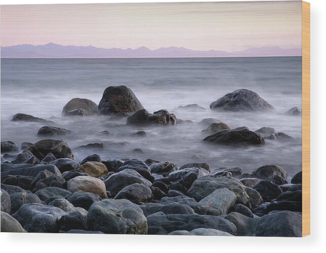 Mist Wood Print featuring the photograph Rocky Beach at Sunset by Naomi Maya