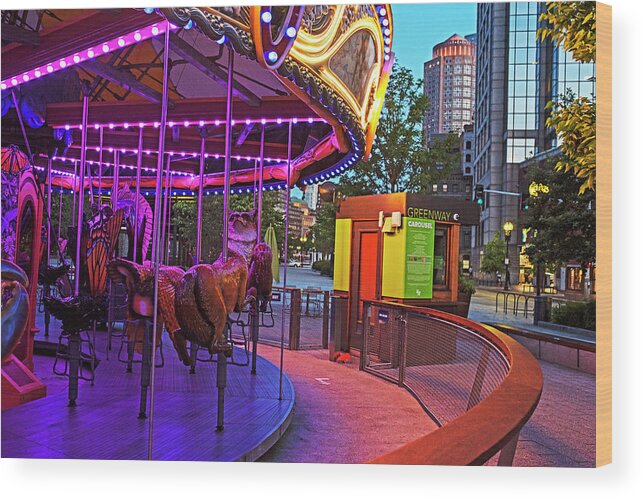 Boston Wood Print featuring the photograph Rose Kennedy Greenway Carousel Boston Massachusetts lit up as Dusk Purple by Toby McGuire