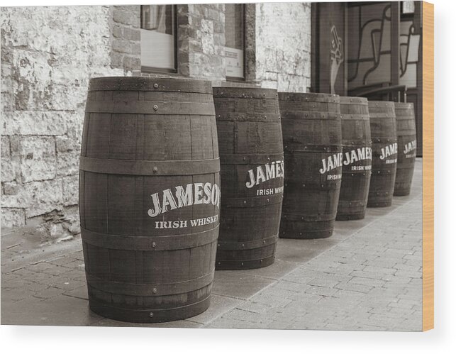 Jameson Distillery Wood Print featuring the photograph Row of Whiskey Barrels Outside the Jameson Distillery in Dublin Ireland by Georgia Clare