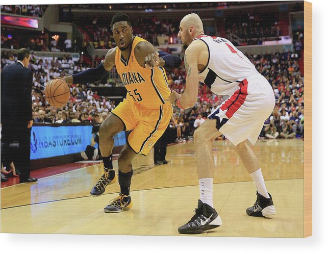 Playoffs Wood Print featuring the photograph Roy Hibbert and Marcin Gortat by Rob Carr