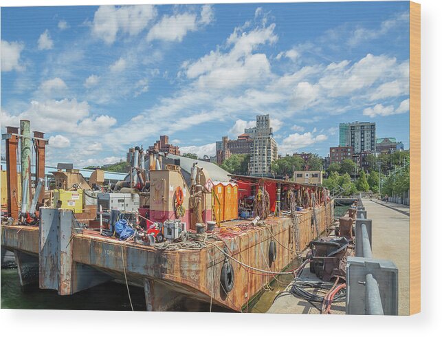 Brooklyn Bridge Park Wood Print featuring the photograph RTC 330 River Barge by Cate Franklyn