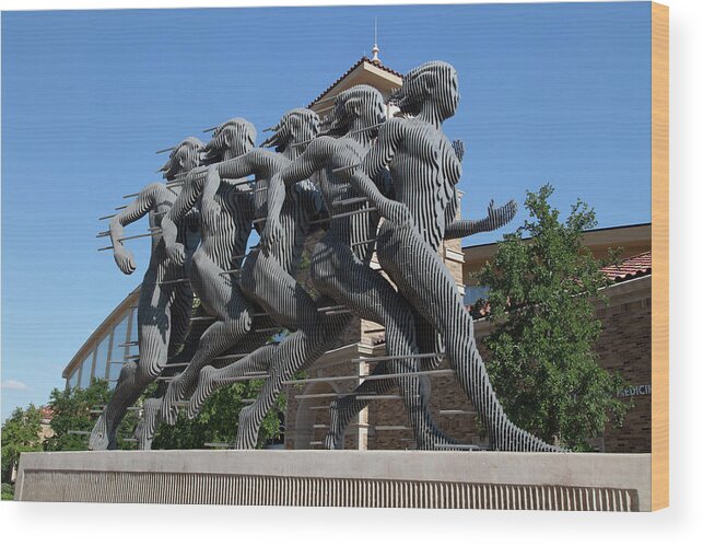 Texas Tech University Wood Print featuring the photograph Run sculpture on the campus of Texas Tech University by Eldon McGraw