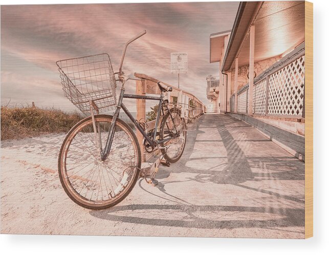 Bike Wood Print featuring the photograph Rusty Blue Beachhouse Bicycle by Debra and Dave Vanderlaan