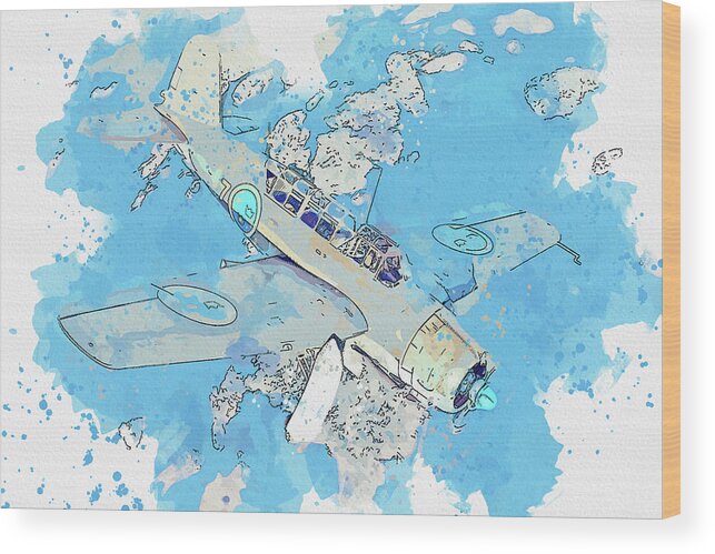 Plane Wood Print featuring the painting Saab B in watercolor ca by Ahmet Asar by Celestial Images