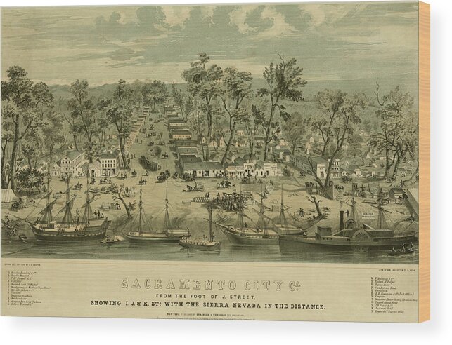 Birds-eye Wood Print featuring the drawing Sacramento, California 1850 by Vintage Places
