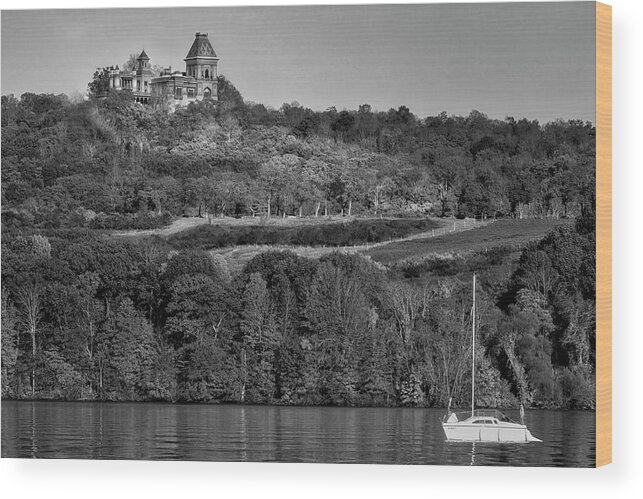 Olana Historic Site Wood Print featuring the photograph Sailing By Olana Mansion BW by Susan Candelario