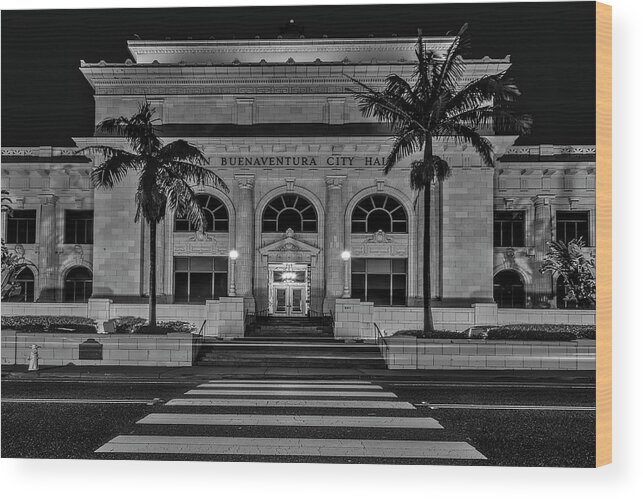 San Buenaventura City Hall Wood Print featuring the photograph San Buenaventura City Hall CA BW by Susan Candelario