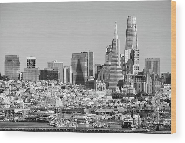 San Francisco Wood Print featuring the photograph San Francisco Skyline at Golden Hour Black and White by Shawn O'Brien