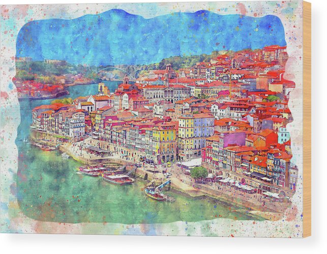 Porto Wood Print featuring the photograph Scenes of Old Porto Portugal Watercolor by Carol Japp