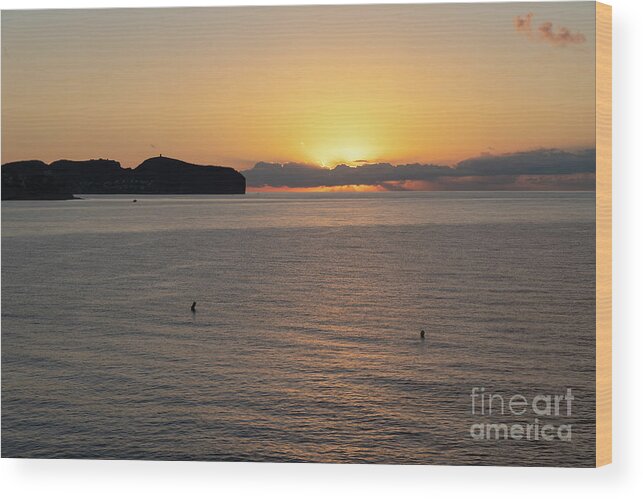 Mediterranean Sea Wood Print featuring the photograph Sea water and golden sky at sunrise, Mediterranean coast by Adriana Mueller