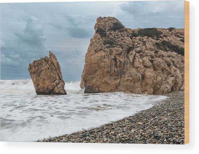 Coastline Wood Print featuring the photograph Seascapes with windy waves. Rock of Aphrodite Paphos Cyprus by Michalakis Ppalis