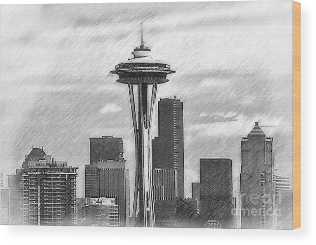 Space-needle Wood Print featuring the digital art Seattle Skyline Sketched by Kirt Tisdale