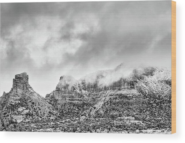 Sedona Wood Print featuring the photograph Sedona Snow Storm in Black and White by Good Focused