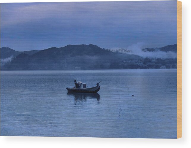 Boat Wood Print featuring the photograph Serenity in blue by Cathy Anderson