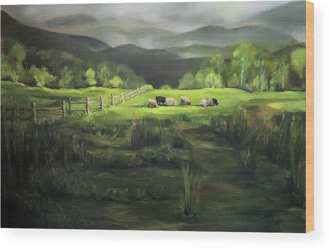 Green Mountains Wood Print featuring the painting Sheep of Norwich Vermont by Nancy Griswold