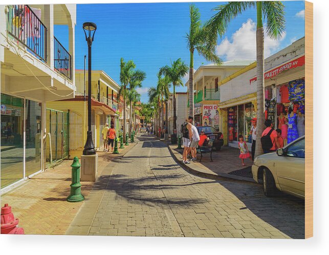 Trees; Travel; People; Color; Skies; Clouds Wood Print featuring the photograph Shopping in Saint Maarten by AE Jones
