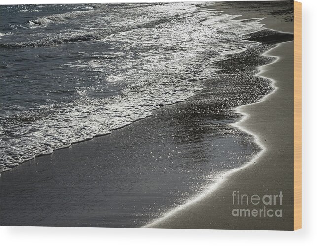 Sandy Beach Wood Print featuring the photograph Silver sea water meets sand 4, Mediterranean coast by Adriana Mueller