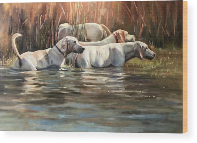 Hounds Dogs Painting Portrait Foxhounds Water Contemporary Wood Print featuring the painting Skinny Dipping by Susan Bradbury