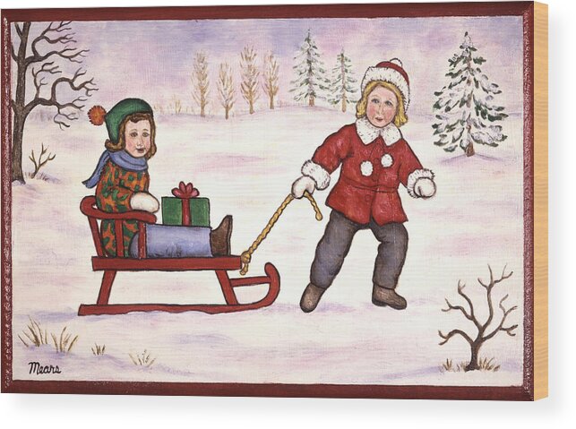 Christmas Wood Print featuring the painting Sledding by Linda Mears