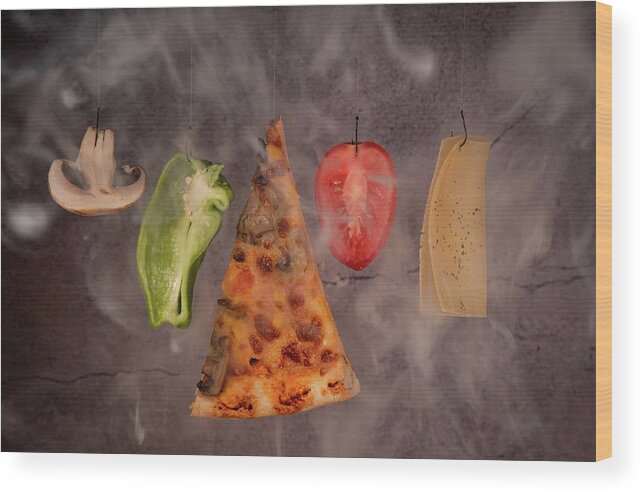 Pizza Wood Print featuring the photograph Slice of mozzarella pizza tomato cheese peeper and mushroom ingredients by Michalakis Ppalis