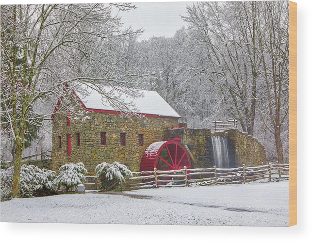 Wayside Inn Grist Mill Wood Print featuring the photograph Snow Covered Country Scenery of the Sudbury Grist Mill by Juergen Roth