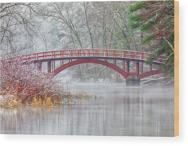 Sargent Bridge Wood Print featuring the photograph Snow Covered Sargent Footbridge in Natick Massachusetts by Juergen Roth