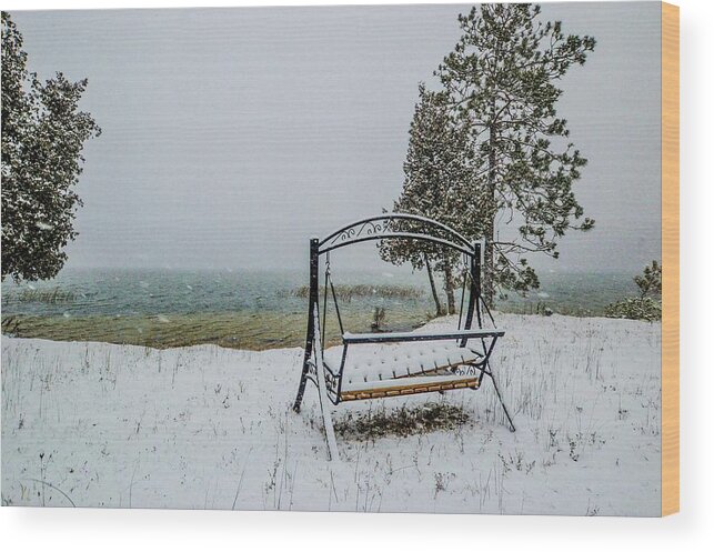 Fall Wood Print featuring the photograph Snow Covered Swing DSC_0886 by Michael Thomas