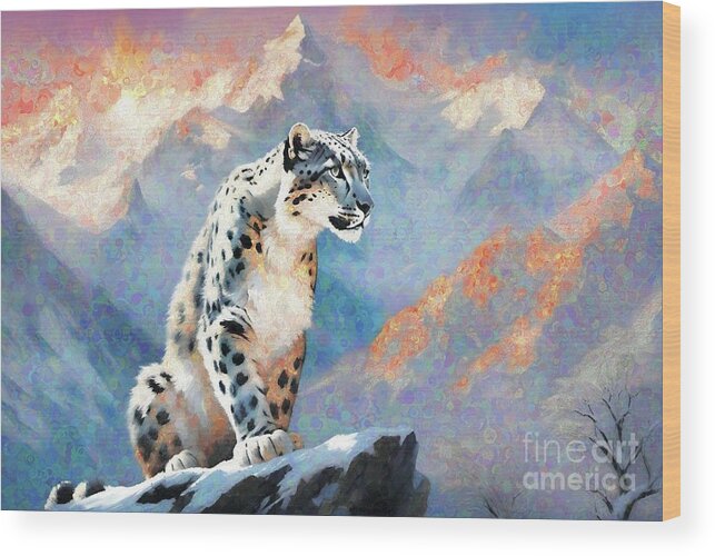 Cats Wood Print featuring the digital art Snow Leopard Looking For Prey - 01949 by Philip Preston