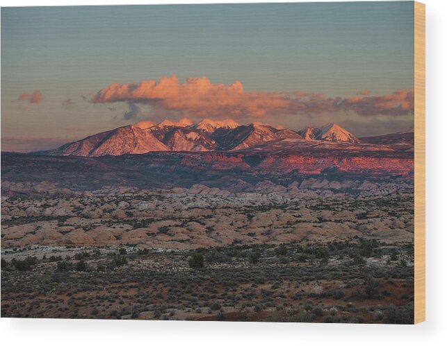Snowcapped Wood Print featuring the photograph Snowcapped La Sal Mountains at sunset by David L Moore