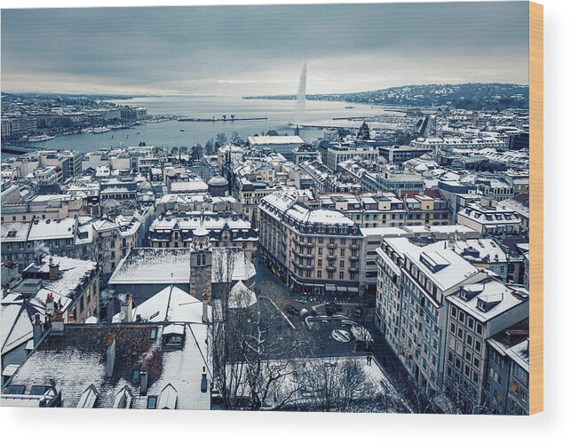 Outdoors Wood Print featuring the photograph Snowing in Geneva during Winter by Benoit Bruchez