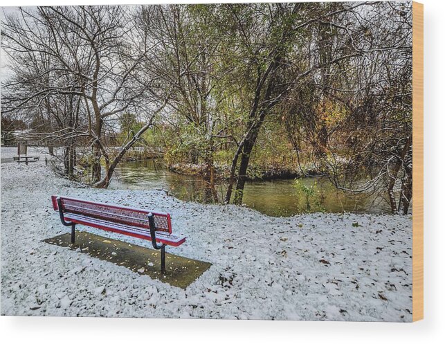 Fall Wood Print featuring the photograph Snowy Bench on the Clinton River DSC_0835 by Michael Thomas